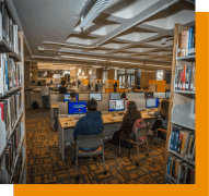 students at computers in library